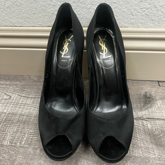 YVES SAINT LAURENT BLACK SATIN PALAIS PLATFORMS - Picture 3 of 8